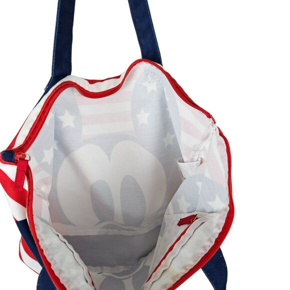 Disney Parks Mickey Mouse Tote Bag Stars and Stripes Zip Top Double Handle Red - Picture 3 of 6